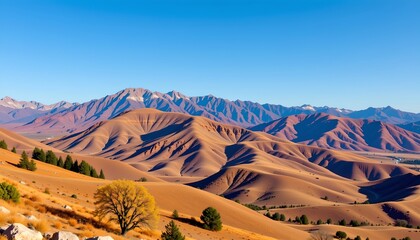 a vast desert landscape during the daytime. the terrain is flat and covered in brown sand with sparse vegetation, predominantly yellow and green shrubs