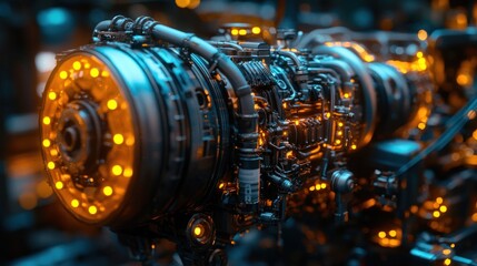 Obraz premium Close-up of futuristic engine, glowing orange accents