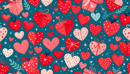 Red Pink Hearts Gift Pattern Teal Background