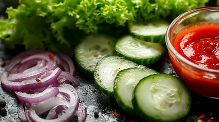 Thousand sauce and cucumbers onions paprika ketchup
