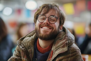 Man with Down syndrome attending an education class in a community center, highlighting inclusivity and equal access to education for individuals with disabilities, Generative AI