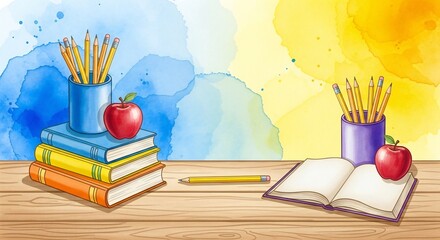 Illustration of stacked books, pencils in cups, and apples on a wooden surface against a watercolor background, suggesting education and learning.