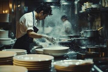 Chef and cook cleaning the kitchen workspace after preparing dishes, maintaining cleanliness in a restaurant environment, Generative AI