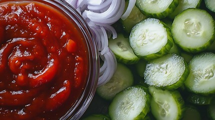 Thousand sauce and cucumbers onions paprika ketchup