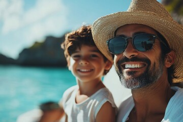 Happy family with a young son enjoying their time at the sea in an exotic destination,  cultural exploration and family bonding, Generative AI