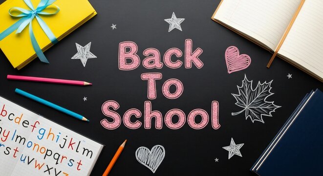 Back to school themed flat lay featuring a gift, notebook, pencils, alphabet card, and decorative stars and hearts on a dark background.