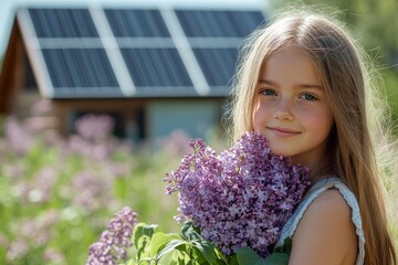 Beautiful young girl holding a bunch of purple lilacs, spending time outdoors in nature during spring, with a house featuring solar panels in the background to promote sustainability, Generative AI