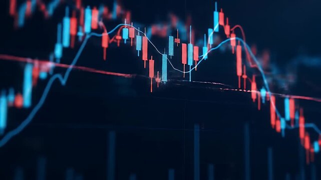 A closeup view of a financial graph with red and blue candlesticks