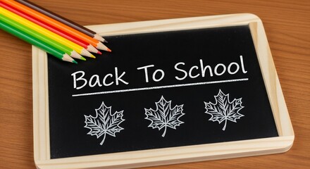 A chalkboard displays "Back to School" above three maple leaf drawings, with colored pencils resting on top.