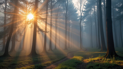 Sunlight filtering through trees in misty forest nature photography peaceful environment serene viewpoint tranquility concept
