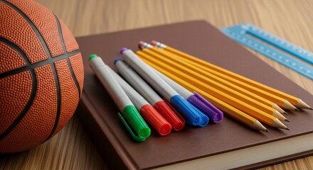 Still life featuring a basketball, a brown notebook, colorful markers, pencils, and a blue ruler arranged on a wooden surface.