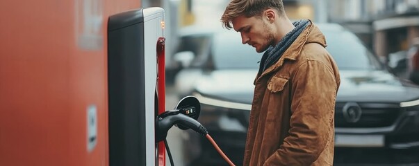 Man holding a power supply cable at an electric vehicle charging station, symbolizing the transition toward sustainable transportation solutions, Generative AI