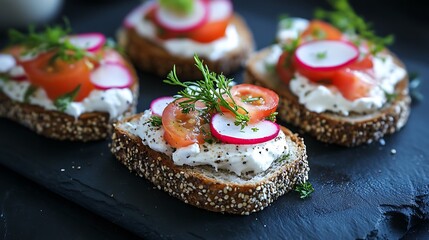 Three crispy buckwheat bread gluten free with cream cheese radish tomato