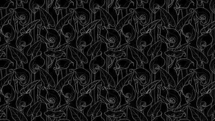 Seamless black background with white calla lily flowers and leaves in line art style pattern design