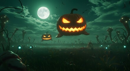 Whimsical Halloween Scene with Flying Pumpkin Creatures and Moonlit Sky

