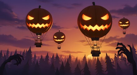 Halloween-Themed Hot Air Balloons Flying Over Spooky Forest

