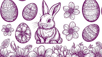 An artistic illustration of an Easter bunny surrounded by decorated eggs and flowers.