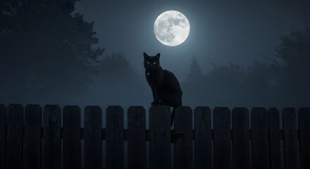 Black Cat Sitting on Fence Under Full Moon at Night. happy halloween 

