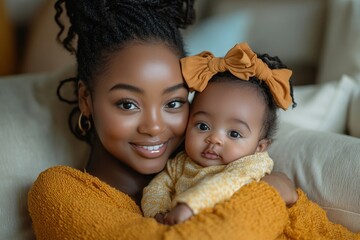 Happy young mother gently touching her newborn baby girl while  together on the sofa indoors at home, promoting the nurturing bond of motherhood, Generative AI