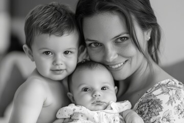 Mother happily holding her small baby and playing with his older brother, creating family moments filled with love and affection, Generative AI