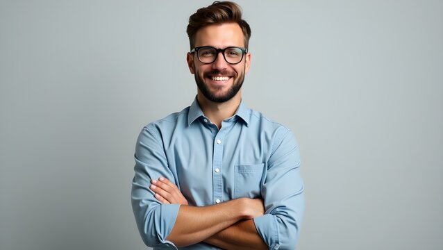 A captivating portrait of a happy, fashionable, and handsome man, confidently posing in a jeans shirt and glasses with his arms crossed and a warm smile.