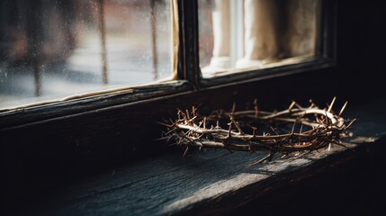 A symbolic crown of thorns resting on a dark surface, representing Christian sacrifice and devotion.