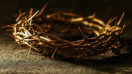 A symbolic crown of thorns resting on a dark surface, representing Christian sacrifice and devotion.