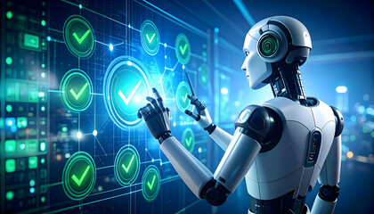 White Robot Interacting with Digital Check Mark Interface