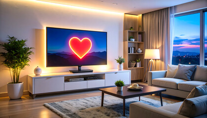 Modern Living Room with Large Television Displaying Pixelated Heart at Sunset