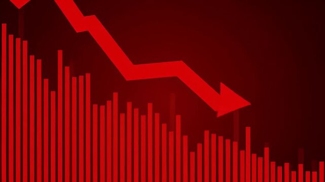 Red down arrow over a bar graph indicating a decline