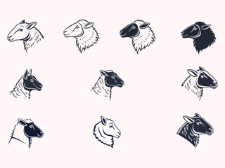 Collection of silhouettes of sheep heads. Vector illustration. 