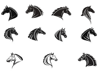 Collection of silhouettes of horse heads. Vector illustration. 