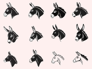 Collection of silhouettes of donkey heads. Vector illustration.