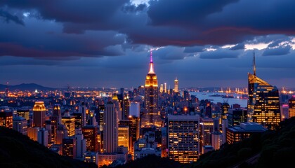 Obraz premium an urban skyline at night, featuring city buildings with various illuminations against the dark background