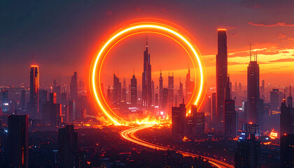 Futuristic Cityscape at Sunset with Glowing Ring