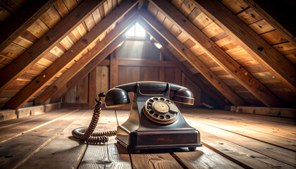 Vintage Rotary Phone in Dusty Attic with Sunlight Beams