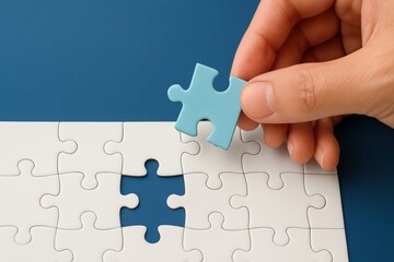 Hand Placing Blue Puzzle Piece into Blank White Jigsaw Puzzle on Blue Background, Symbolizing Problem Solving and Completion Concept