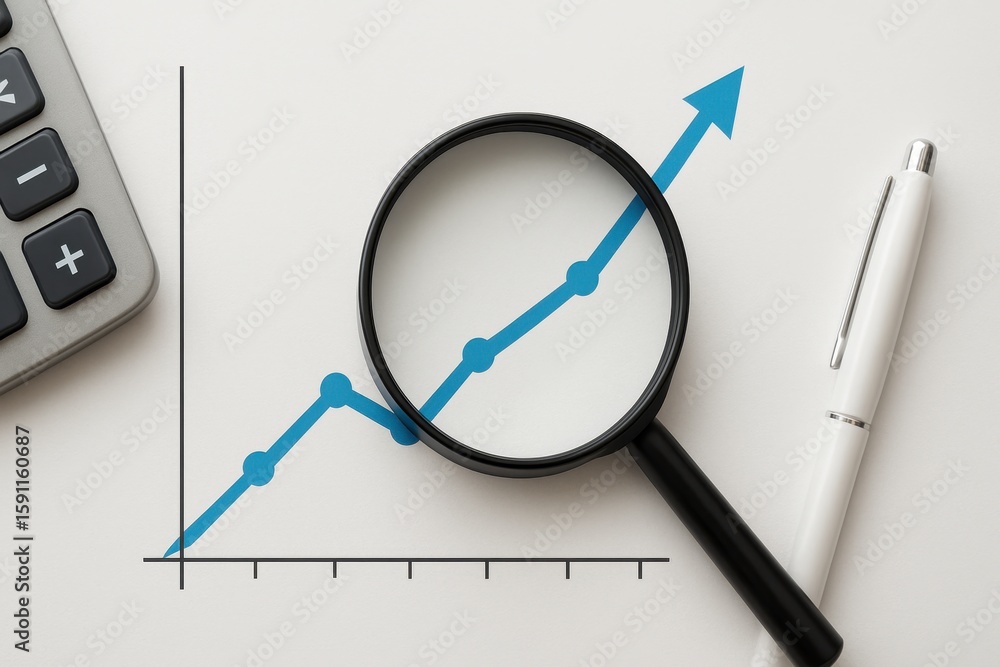 Poster close-up view of a magnifying glass over a growing line graph on a white background with a calculato