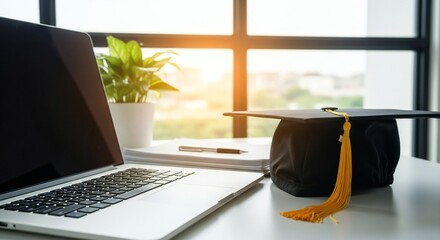 Graduation cap rests on a desk next to an open laptop computer with a potted plant and window in the background.