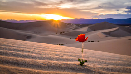 Single Red Flower in Desert Sand Dunes at Sunset