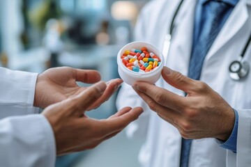 Pharmaceutical sales representative presenting a new medication to a doctor in a medical building, discussing the benefits and applications of the new treatment, Generative AI