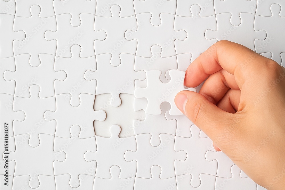 Poster hand placing a missing piece into a white jigsaw puzzle illustrating the concept of problem-solving 