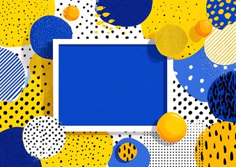 Colorful blue and yellow abstract background with geometric shapes, bright cheerful palette, white space center, playful fun vector design.