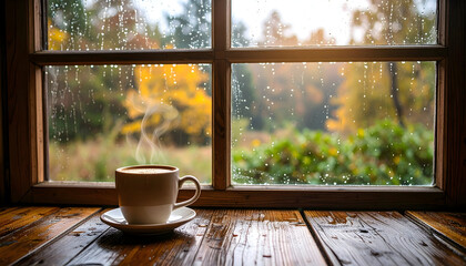 Warm Coffee Mug by Rainy Window Autumnal Landscape