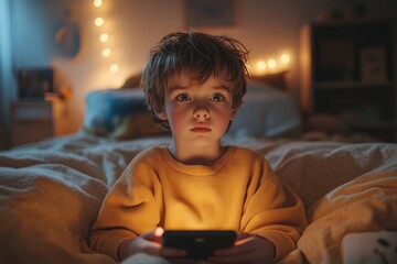 Cute boy sitting on his bed, watching something on his smartphone, representing childrens screen time in a modern digital world, Generative AI