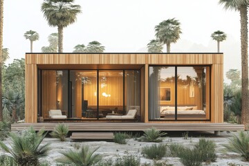 Exterior of a modern minimalist cubic house with wood cladding walls and a terrace, surrounded by palm trees. Luxury residential architecture, Generative AI