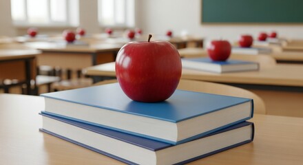 A red apple rests atop a stack of blue books on a wooden desk in a bright classroom setting.