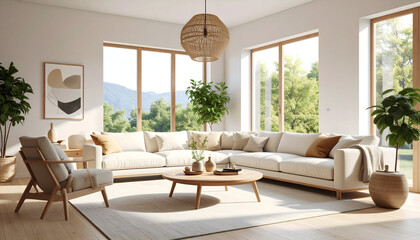 Bright Modern Living Room with Beige Sofa and Large Windows