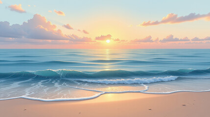 Obraz premium Tranquil sunrise over calm ocean waves beachfront digital artwork serene environment wide angle nature's beauty