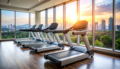 Modern Gym with Treadmills and City Skyline View at Sunset